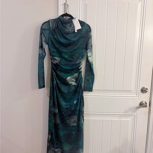 Long Sleeve Teal Green Printed Maxi Dress